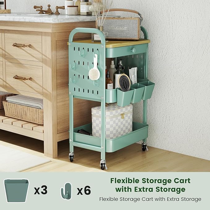 danpinera 3 Tier Rolling Cart, Metal Utility Cart with Wooden Table Top & DIY Pegboard, Rolling Carts with Drawer, Storage Cart Craft Cart with Hooks & Hanging Cups for Kitchen, Bathroom, Office