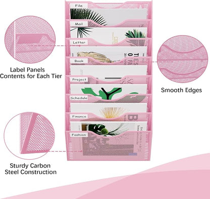EasyPAG 8 Pocket Mesh Wall File Organizer, Hanging Paper Folder Holder with Classify Label, Vertical Wall Mount Mail Organizer for Office Home Classroom, Pink