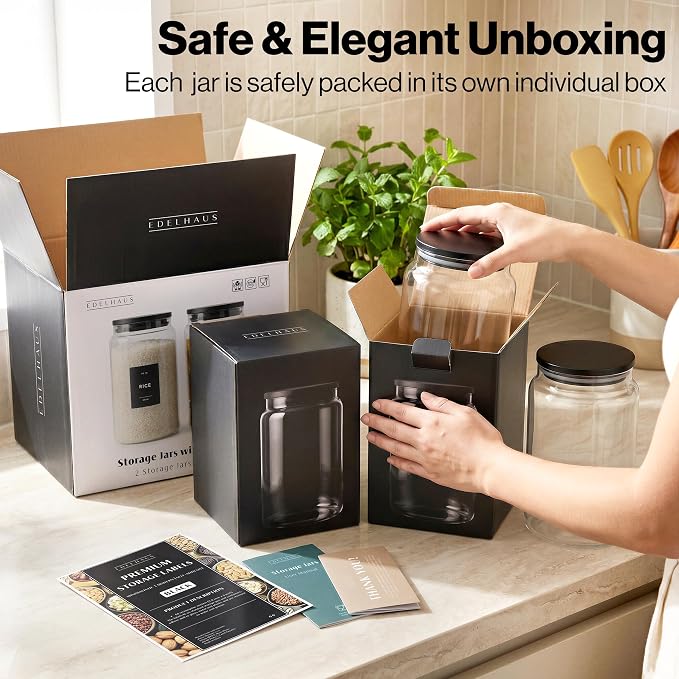 EDELHAUS 2x Large Glass Storage Containers with Airtight Black Lids [135oz/4000ml] | Extra Thick Glass Canisters for Pantry + 63 Labels | Flour Rice Cereal Sugar Coffee Beans Tea