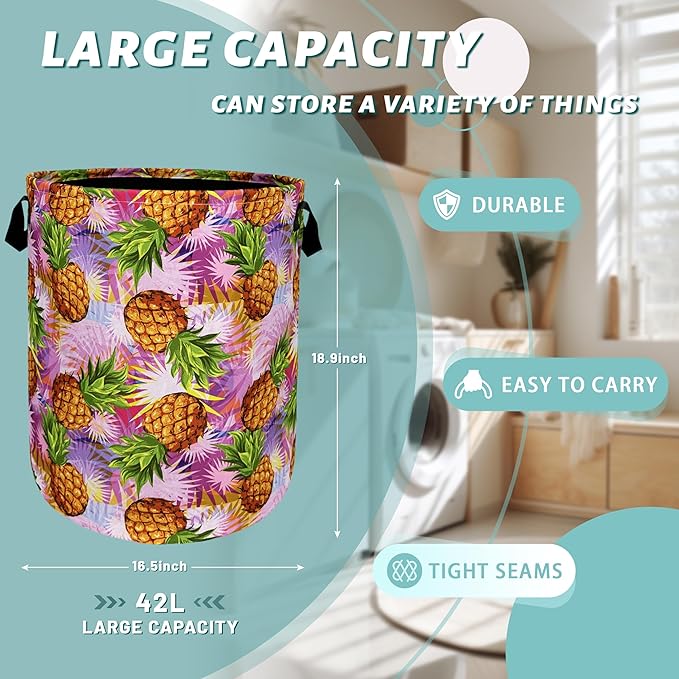 Tropical Pineapples Laundry Basket Foldable With Handles Palm Leaves Tote Bag Oxford Cloth Colorful Laundry Hamper Clothes Toy Storage Bucket For Bathroom/Laundry/Bedroom 18.9" x 16.5 "
