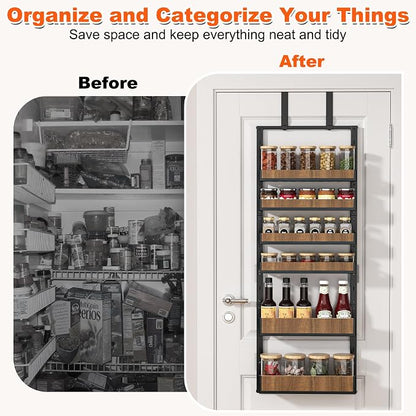 Aquzee Heavy Duty Pantry Door Organizer, 6-Tier Over the Door Pantry Organizer, 2 IN 1 Hanging Wall Mount Spice Rack, Adjustable Baskets, Spice Organization for Cabinet Kitchen Closet