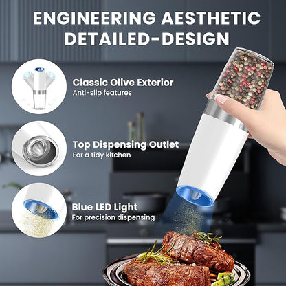 UNNEES Gravity Electric Salt and Pepper Grinder set of 2, Automatic Salt And Pepper Grinder Set, Adjustable Roughness, Battery Powered, LED Light, 2 Pack, (White)