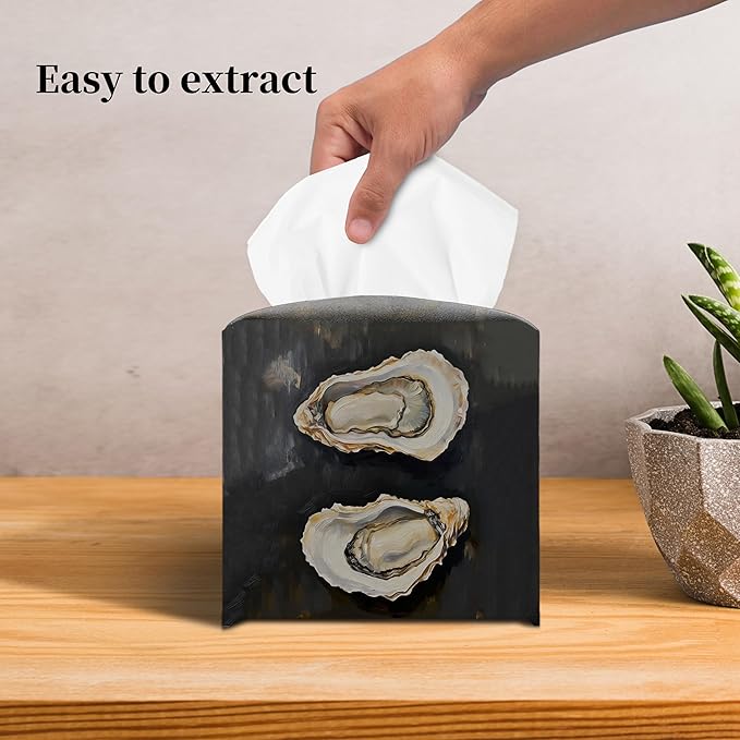 Grace Yonks Modern Tissue Box Cover Square - Painted Oyster Trio Design 5.2" PU Leather Holder for Vanity, Desk, or Bathroom Counter - Cube Case for Facial Tissues. (113)