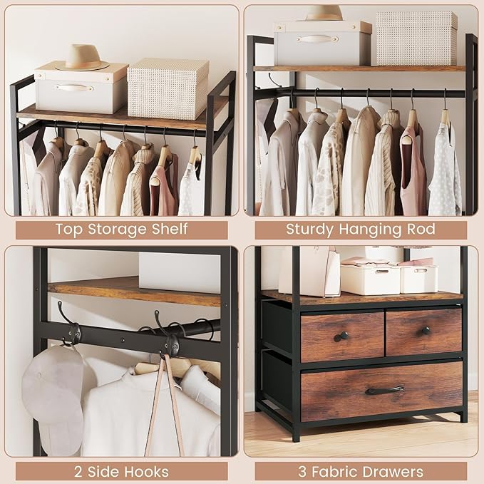 Giantex Clothes Rack with Drawers, Heavy Duty Clothing Garment Rack with Side Hooks and Metal Frame, Industrial Freestanding Clothes Storage Organizer for Entryway, Living Room, Bedroom