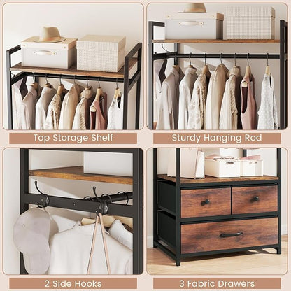 Giantex Clothes Rack with Drawers, Heavy Duty Clothing Garment Rack with Side Hooks and Metal Frame, Industrial Freestanding Clothes Storage Organizer for Entryway, Living Room, Bedroom
