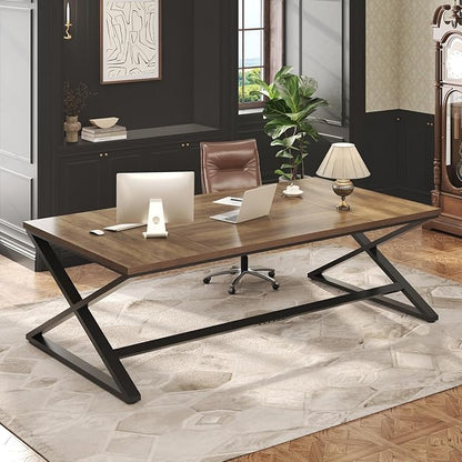 IBF Wood Large Computer Desk, 70.8” Long Home Office Desk for Two Person, Farmhouse Work Study Writing Table in Bedroom, Simple Wide Metal Executive Double PC Gaming Workstation, Rustic Oak