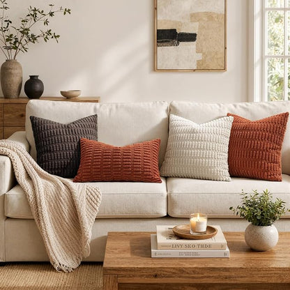 MIULEE Pack of 2 Corduroy Decorative Throw Pillow Covers 18x18 Inch Soft Boho Striped Pillow Covers Modern Farmhouse Home Decor for Sofa Living Room Couch Bed Rust