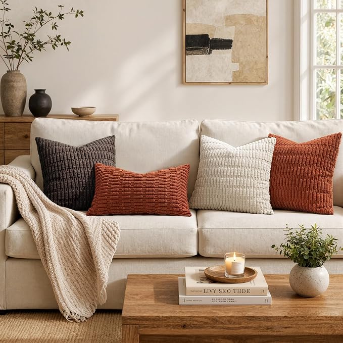 MIULEE Pack of 2 Rust Corduroy Decorative Pillow Covers 12x12 Inch Soft Boho Striped Throw Pillow Covers Modern Farmhouse Home Decor for Summer Sofa Living Room Couch Bed