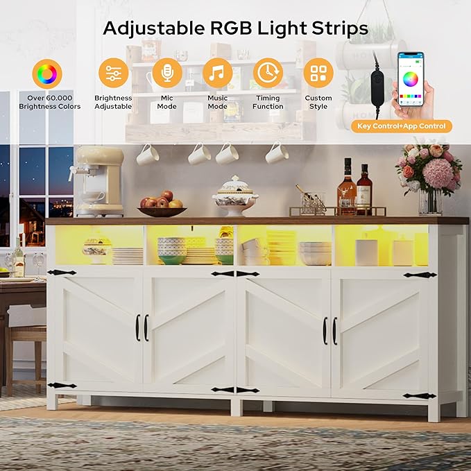 63'' Buffet Sideboard with Storage with Power Outlets & LED Light 4 Doors, Large Farmhouse Kitchen Storage Cabinet Wood Coffee Bar Cabinet Buffet Table for Kitchen, Dining Room, Entryway