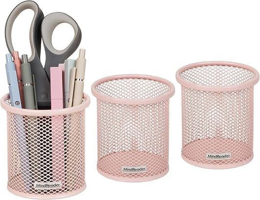 Mind Reader Pen and Accessories Holder, Desktop Organizer, Office, Metal Mesh, 3.5"L x 3.5"W x 3.75"H, Set of 3, Pink