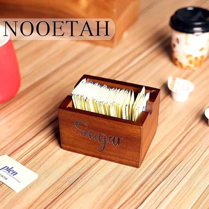 Acacia Sugar Packet Caddy for Coffee Bar, Farmhouse Wood Sugar Holder Packets , Sugar Packet Container, Small Tea Bag Organizer for Office Table,Hotel, Restaurant, Brown Labeled Sugar