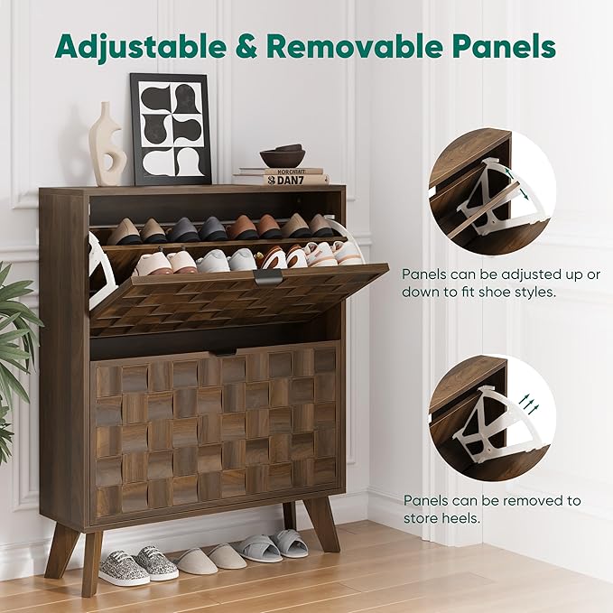 Smuxee Walnut Shoe Cabinet with 2 Flip Drawers, 29.6" Hidden Shoe Storage Cabinet with Embossed Checkerboard Doors, Freestanding Shoe Organizer Cabinet for Entryway, Hallway, Living Room