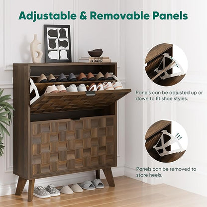 Smuxee Walnut Shoe Cabinet with 2 Flip Drawers, 29.6" Hidden Shoe Storage Cabinet with Embossed Checkerboard Doors, Freestanding Shoe Organizer Cabinet for Entryway, Hallway, Living Room