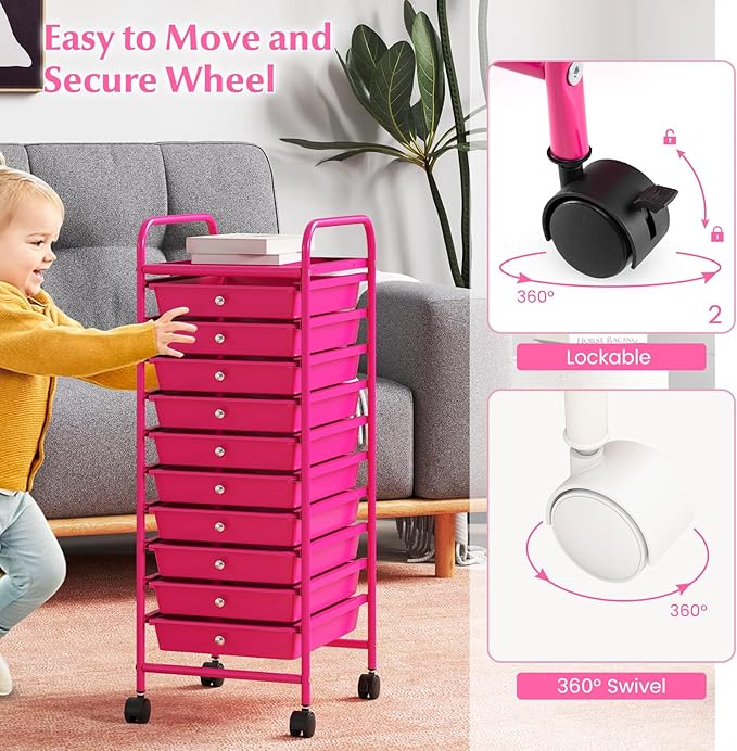 RELAX4LIFE 10 Drawer Rolling Cart - Slim Storage Cart w/Lockable Wheels for Classroom School Teacher Office, Art Supplies Paper Scrapbook Craft Organizers, Utility Cart with Drawers (Pink)