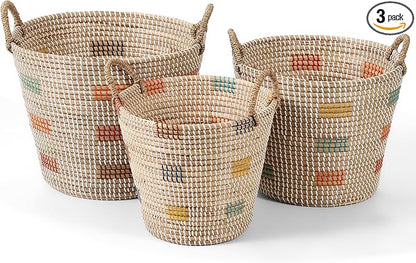3 Pack Seagrass Storage Baskets for Organizing, Large Storage Bin with Handles, Woven Blanket Basket, Living Room Bedroom Laundry Room Home Decor for Toys Clothes Shoes Plant