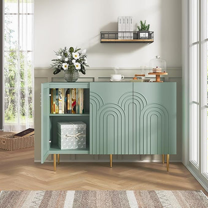 ARTPOWER 47" Sideboard Buffet Cabinet with 3 Doors - Accent Modern Cloud Relief Decorative Credenza with Storage for Living Room, Kitchen, Dining Room, Hallway, Entryway, Green