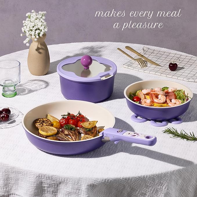 CAROTE 11pcs Ceramic Cookware Set, Pots and Pans Set Non stick, Induction Kitchen Cookware with Removable Handle, RV Dishwasher ＆ Oven Safe, RV/Camping Cookware, PFOA Free, Purple