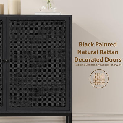 Yechen Full Black Rattan Cabient, Boho Sideboard Cabinet with Natural Rattan Decorated Doors, 31.5" W Accent Cane Credenza Buffet Console Storage, for Living Room Entryway Kitchen, Metal Legs/Set of 3