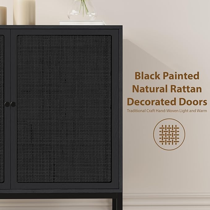 Yechen Full Black Rattan Cabinet, Farmhouse Sideboard Cabinet with Natural Rattan Decorated Doors, Accent Cane Credenza Buffet Console Storage, for Living Room Entryway Kitchen, Metal Legs