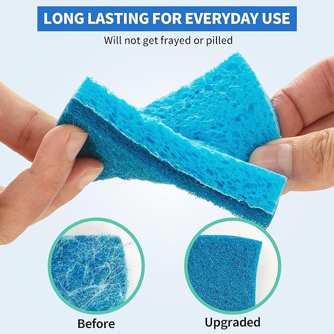 Non-Scratch Cellulose Scrub Sponges 12 Pack, Sponges Kitchen with Double-Side & Ergonomic Design for Dishes, Coated Cookware, Sink & Countertops.