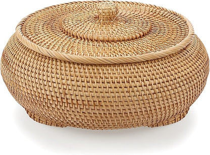Hipiwe Round Rattan Boxes with Lid, X-Large Woven Bread Basket Natural Rattan Basket Wicker Storage Box Decorative Basket for Coffee Table Farmhouse Picnic Fruit Storage Basket