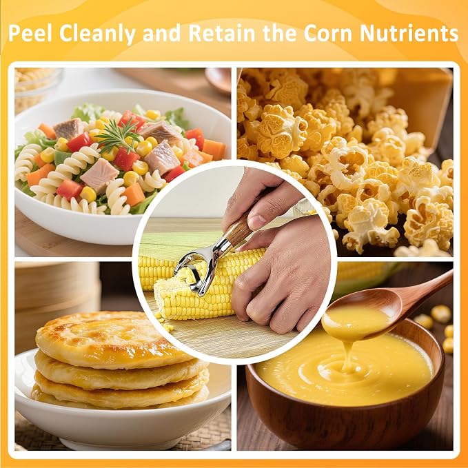 Stainless Steel Corn Peeler, Durable Corn on the Cob Stripper Tool with Solid Wood Good Grip Handle for Salad Polenta Pizza Popcorn Cooking Gifts for Woman Her Mom Birthday (Merbau)