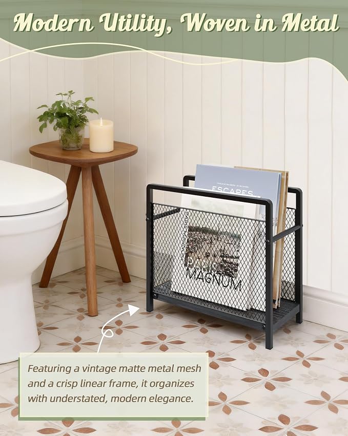 Magazine Holder, Magazine Rack Floor, Metal Mesh with Wood Base Magazine Storage Basket, Folder Organizer Bin for Books, Newspapers, Mails, Files, Black