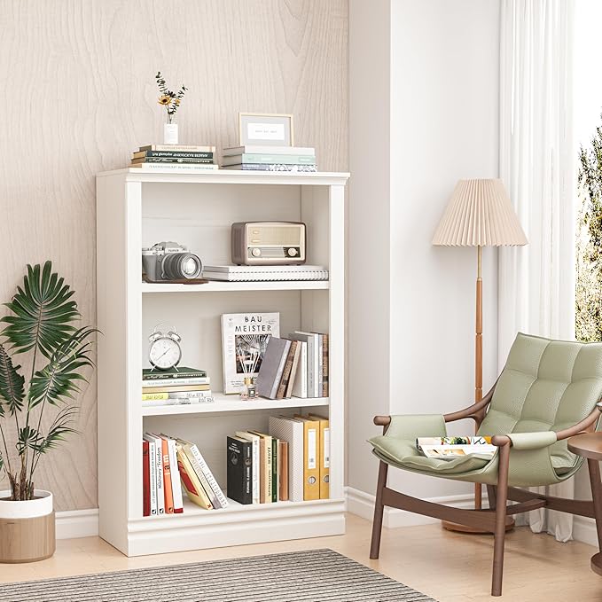 3-Shelf Bookcase, 47" Tall Floor Standing Bookshelf with Adjustable Shelves, Storage & Display Shelf for Living Room, Bedroom, Home Office – Cream White, 31.5" Wide