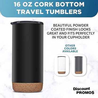 DISCOUNT PROMOS Travel Tumblers with Cork Bottom 16 oz. Set of 10, Bulk Pack - Double Wall Insulated, Matte Finish, Perfect for Iced Coffee, Soda, Other Beverages - Black