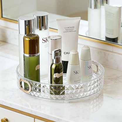 360 Rotating Makeup Organizer for Vanity, 1 Tier Diamond Pattern Perfume Stand, Large Capacity Skin Care Lotion Cosmetic Organizer, Bathroom Countertop Organizer, Makeup Holder, Clear