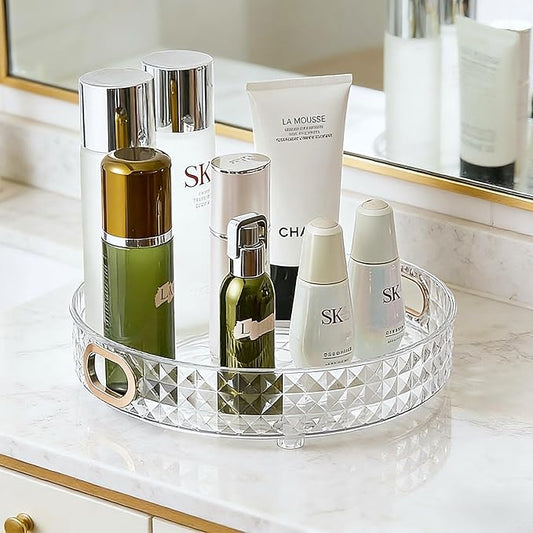 360 Rotating Makeup Organizer for Vanity, 1 Tier Diamond Pattern Perfume Stand, Large Capacity Skin Care Lotion Cosmetic Organizer, Bathroom Countertop Organizer, Makeup Holder, Clear