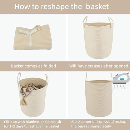 XUANGUO Cotton Rope Laundry Basket Hamper for Clothes Woven Storage Basket for Living Room Bedroom Boho Tall Rope Baskets for Blanket Toys Pillow Towels Baby Nursery Hamper Bin beige