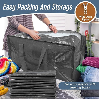 12 Pack Extra Heavy Duty Large Moving Bags with Strong Zipper & Comfortable Handles, Sturdy & Durable Clothes Storage Bags Totes Bins, Packing Moving Boxes for College Supplies, Gray