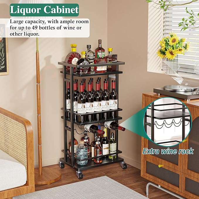 3-Tier Liquor Cabinet with Wine Rack, Mini Bar Cart for Home, Small Liquor Bar Cabinet for Alcohol, Rolling Kitchen Serving Cart on Wheels, Wine Drink Cart for Party, Bar Stand for Small Space