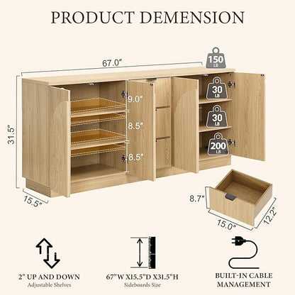 Brafab 67" Mid Century Modern Style Storage Sideboard with 4 Arched Reeded Design Doors and 3 Drawers with Adjustable Shelves, Suitable for Living Rooms, Studies and Dining Rooms (Natural Oak, 1 PCS)