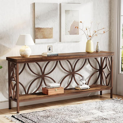 Tribesigns 70.9-Inch Narrow Sofa Table, 2-Tier Industrial Console Table Behind Couch, Long Entry Tables with Storage for Entryway, Living Room, Foyer, Hallway, Glossy Brown