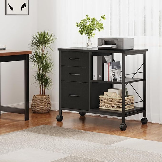 OLIXIS 3-Tier Printer Stand with Fabric Storage Drawer, Rolling Printer Cart with Lockable Wheels and Metal Frame, Under Desk Table with Open Storage Shelf for Small Spaces, Home, Office, Black