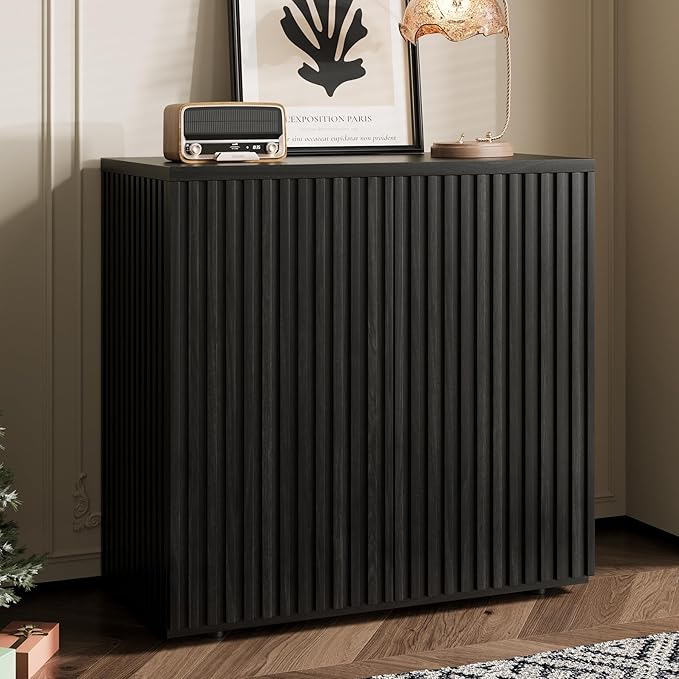 Rophefx Fluted Sideboard Cabinet, Buffet Cabinet with Storage, Credenza Storage Cabinets with Adjustable Shelf, Wood Entryway Cabinets with Pop-up Doors for Living Room, Entryway, Hallway, Black Grey