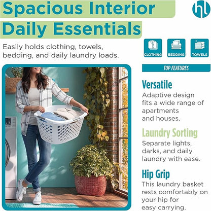 Home Logic 1.75 Bushel Plastic Laundry Basket with Hip Grip, Large Laundry Hamper with Handles, Ventilated Clothes Organizer for Bedroom Bathroom Closet, 2 Pack, White