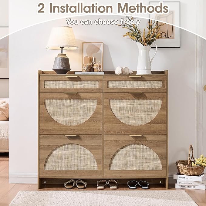 Rattan Shoe Storage Cabinet with 4 Flip Drawers & 2 Drawers, Freestanding Organizer for Front Door Entrance, Hidden Narrow Shoe Rack Cabinet Storage for Entryway, Rustic Oak Rattan