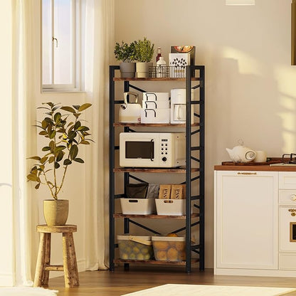Organization and Storage, 5 Tier Bookshelf, Tall Bookcase with Shelves, Wood and Metal Book Shelf Storage Organizer, Industrial Display Standing Shelf Unit for Bedroom, Living Room, Rustic Brown