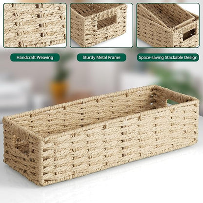 dreamkey Nesting Paper Rope Storage Baskets for Organizing with Handles - Small HandWoven Toilet Paper Basket for Back of Toilet Tank Top - Decorative Storage Baskets, 14 Inch