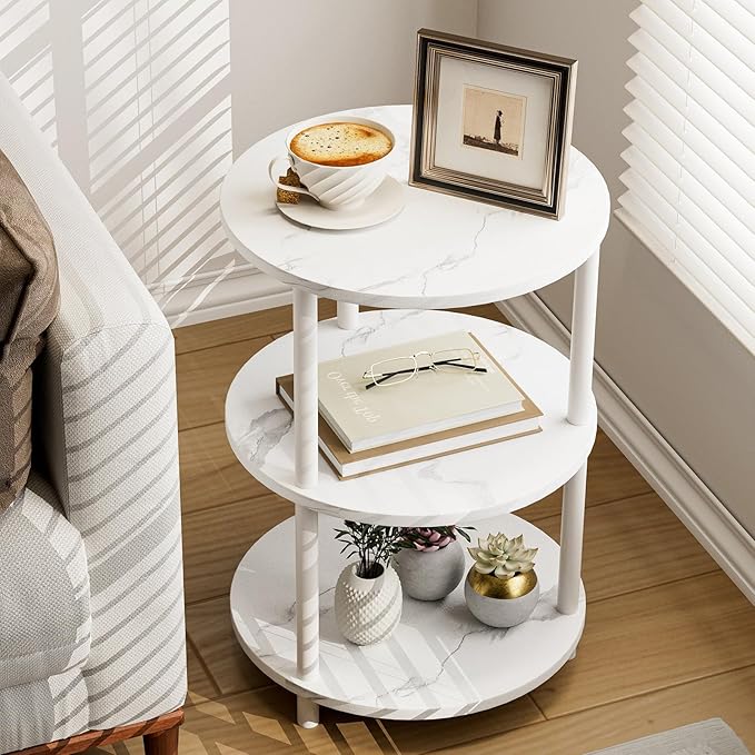 XBurmo Round Coffee Table for Living Room - Narrow Side or Bedside Stand, Industrial Vintage Nightstand for Bedroom, or Small Spaces, Marble White