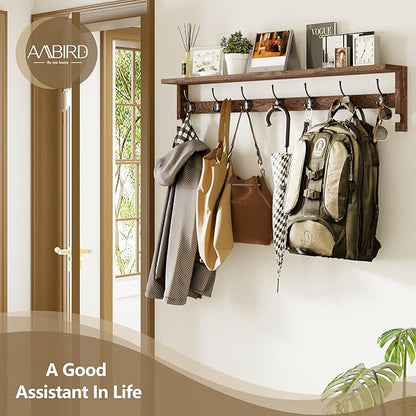 AMBIRD Coat Rack Wall Mount, 35 Inch Extra Long Wall Hooks with Hanging, Wooden Shelf with 7 Metal Hooks 2 Side Hooks, Wall Key Holder with Shelf in Entryway, Kitchen, Bathroom, Living Room, Bedroom