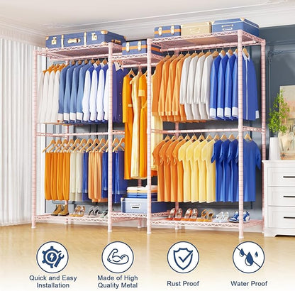 Ulif E12 Clothes Rack，Heavy Duty Freestanding Garment Rack with Shelves，Metal Clothing Closet Storage System for Hanging Clothes，71" W x 16" D x 76.5" H, Hold 960 lbs，Pink