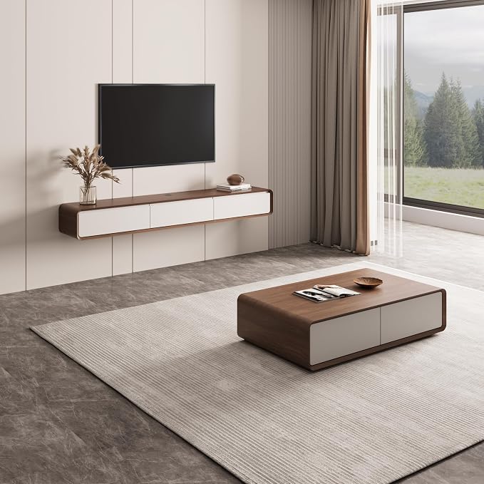 POVISON Modern Coffee Table with 4-Drawer, 51 inch Rectangle Coffee Table for Living Room,Full-Assembled, Walnut and White
