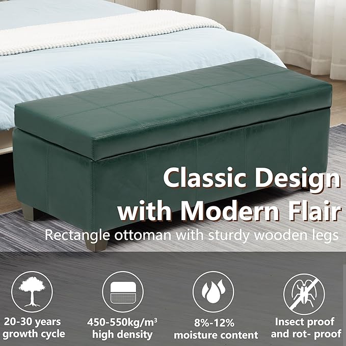 51 Inch Storage Ottoman, Storage Bench with Safety Hinge, Upholstered Synthetic Leather Ottoman Bench for Bedroom, Living Room, Entryway, Hallway, Foot Rest, Support 500lbs