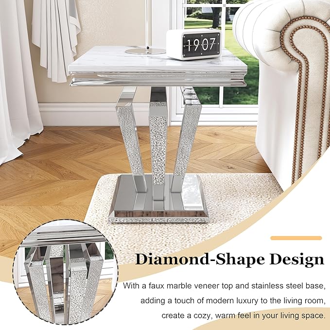 Marble End Table, Modern Square 23” Side Table with Diamond-Shape Stainless Steel Base and Faux Marble Top, Small Sofa Table for Living Room, Bedroom, Lounge (Silver,White)