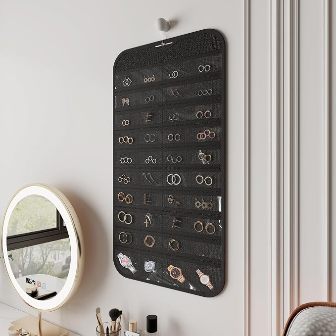 2 Pack Hanging Jewelry Organizer 80-Pocket Dual-sided Jewelry Storage for Earring Necklace Bracelet Ring Travel Holder, Black and Beige