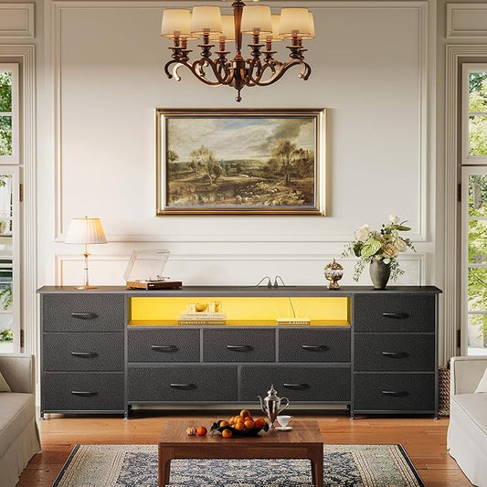 Huuger 70 Inch TV Stand for 75, 80 Inch TV, 11 Drawer Long Dresser with Power Outlets and LED Lights, Entertainment Center with Storage, Black Dresser with PU Leather Surface
